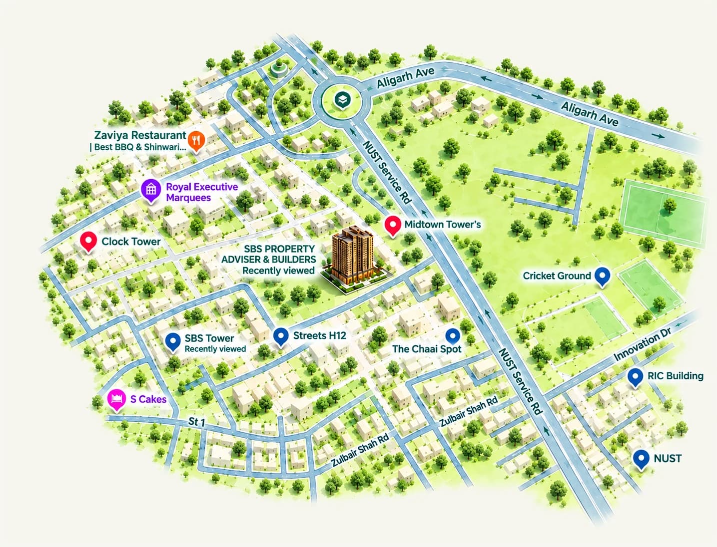 Illustrated map of the streets around SBS Property Advisor & Builders in Sector H-13, Islamabad, showing NUST Service Road, Aligarh Avenue and nearby landmarks